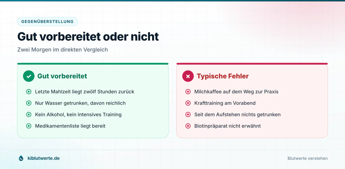 Gut vorbereitet oder nicht Gegenüberstellung einer guten Vorbereitung auf die nüchterne Blutabnahme und typischer Fehler vor dem Termin