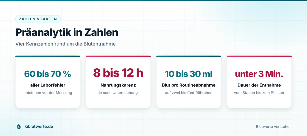Präanalytik in Zahlen Infografik mit vier Kennzahlen zur Blutabnahme: Anteil präanalytischer Fehler, Nüchternzeit, Blutmenge und Dauer