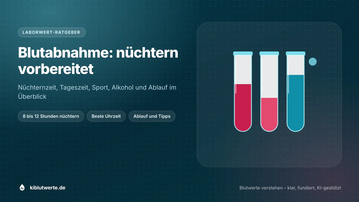 Blutabnahme: nüchtern vorbereitet Titelbild zum Ratgeber nüchtern Blutabnahme mit Labormotiv und Stichworten zu Nüchternzeit, Uhrzeit und Ablauf