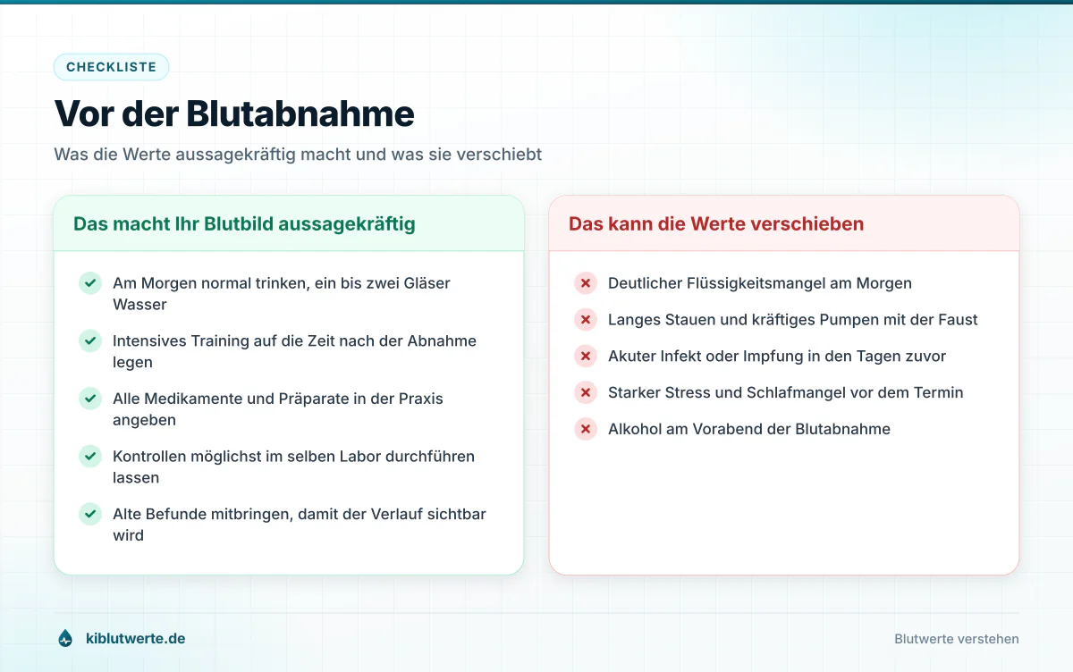 Vor der Blutabnahme Checkliste mit zwei Spalten zur Vorbereitung auf die Blutabnahme für ein aussagekräftiges Blutbild