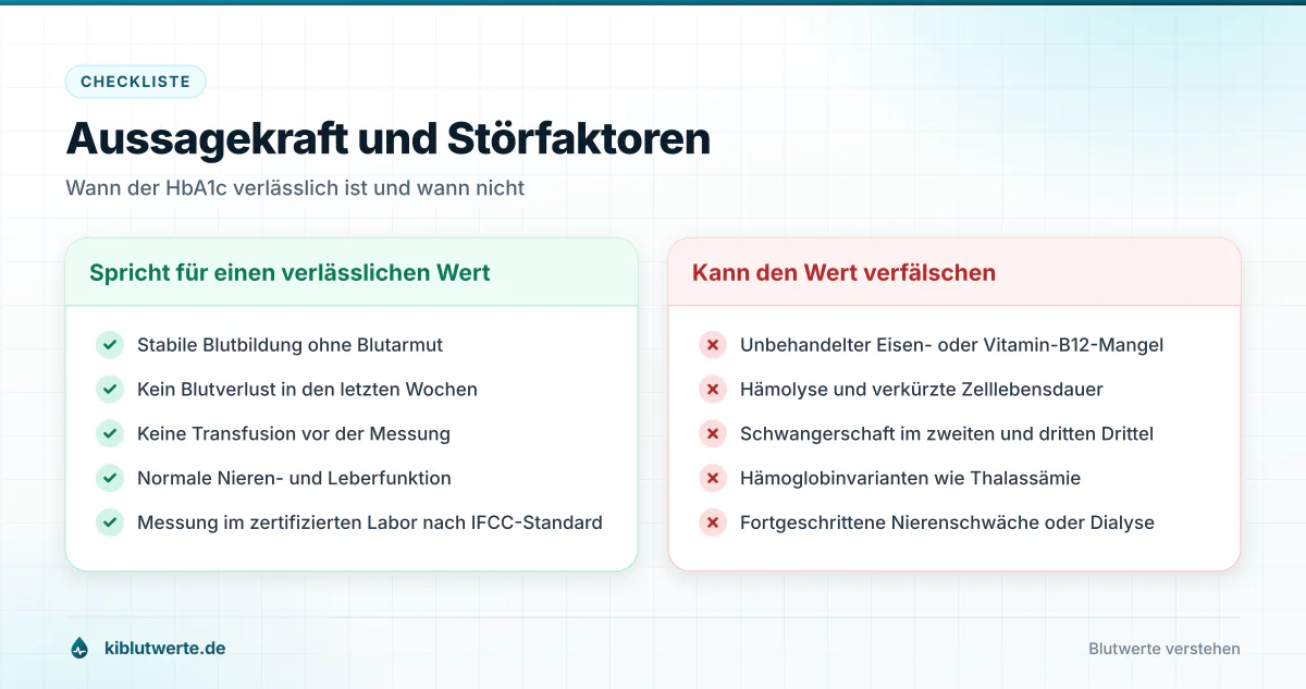 Aussagekraft und Störfaktoren Checkliste in zwei Spalten mit Bedingungen für einen verlässlichen HbA1c Wert und möglichen Störfaktoren