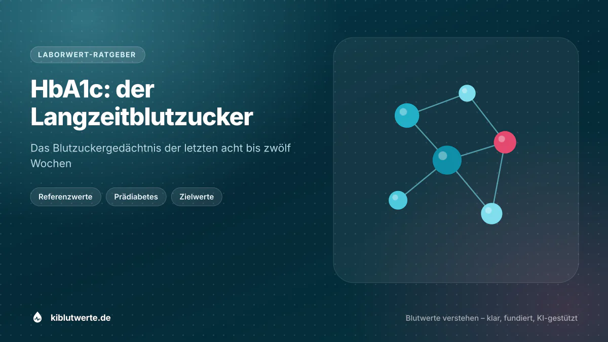 HbA1c: der Langzeitblutzucker Titelgrafik zum HbA1c Wert mit Molekülmotiv für glykiertes Hämoglobin und Stichworten zu Referenzwerten