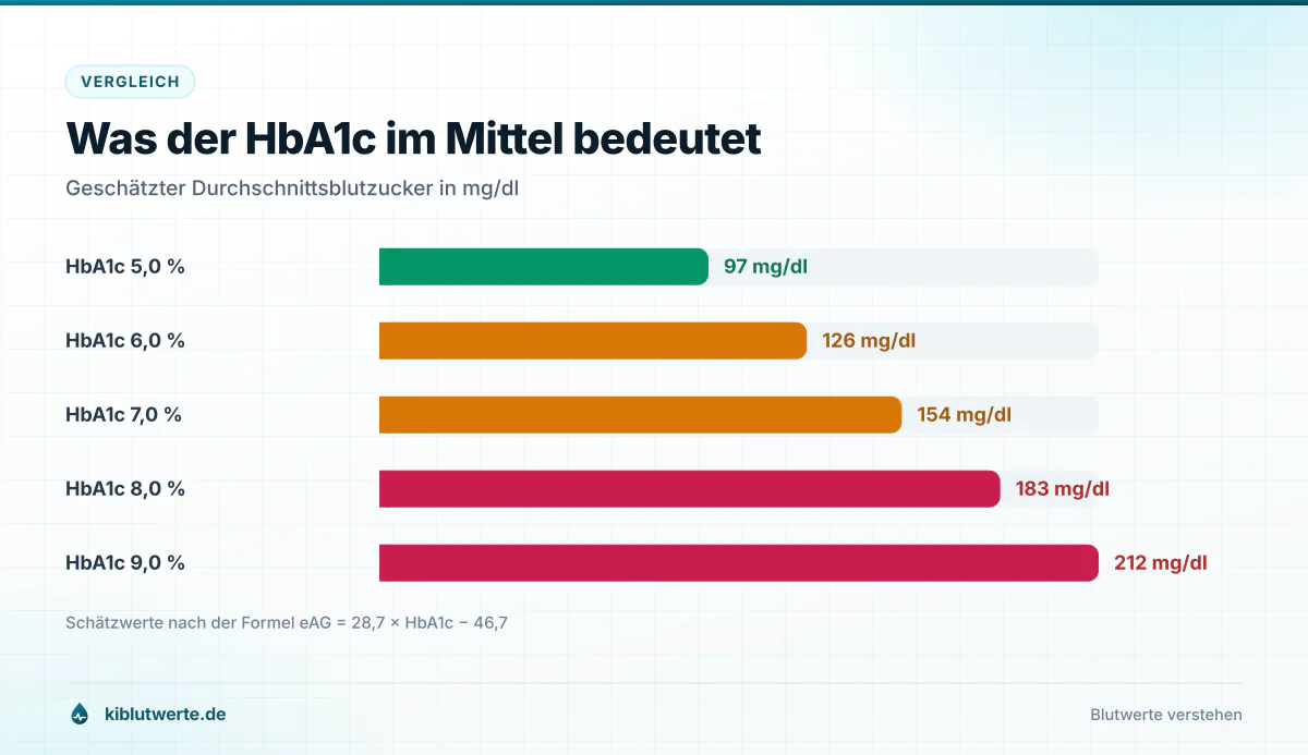 Was der HbA1c im Mittel bedeutet Balkendiagramm zur Umrechnung von HbA1c Werten in den geschätzten mittleren Blutzucker in Milligramm pro Deziliter