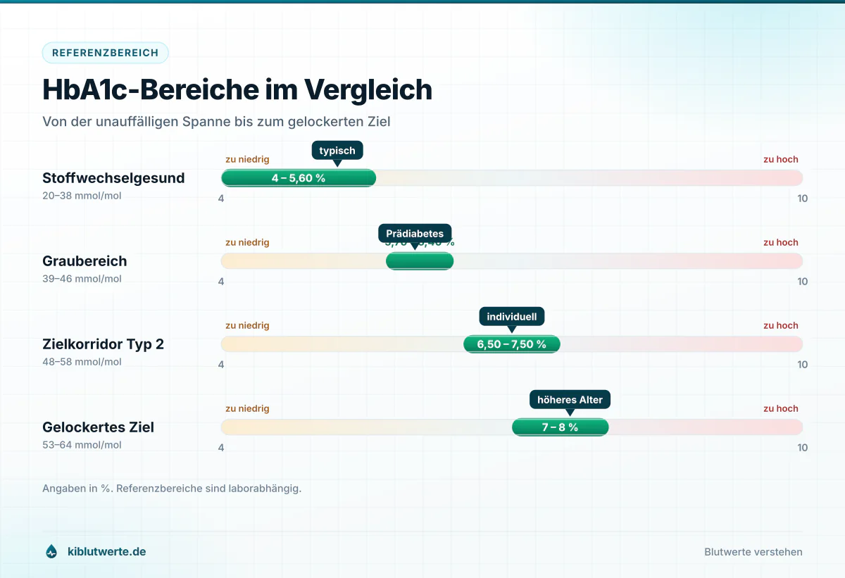 HbA1c-Bereiche im Vergleich Balkenskala mit vier HbA1c Bereichen in Prozent von stoffwechselgesund über Prädiabetes bis zu Therapiezielen