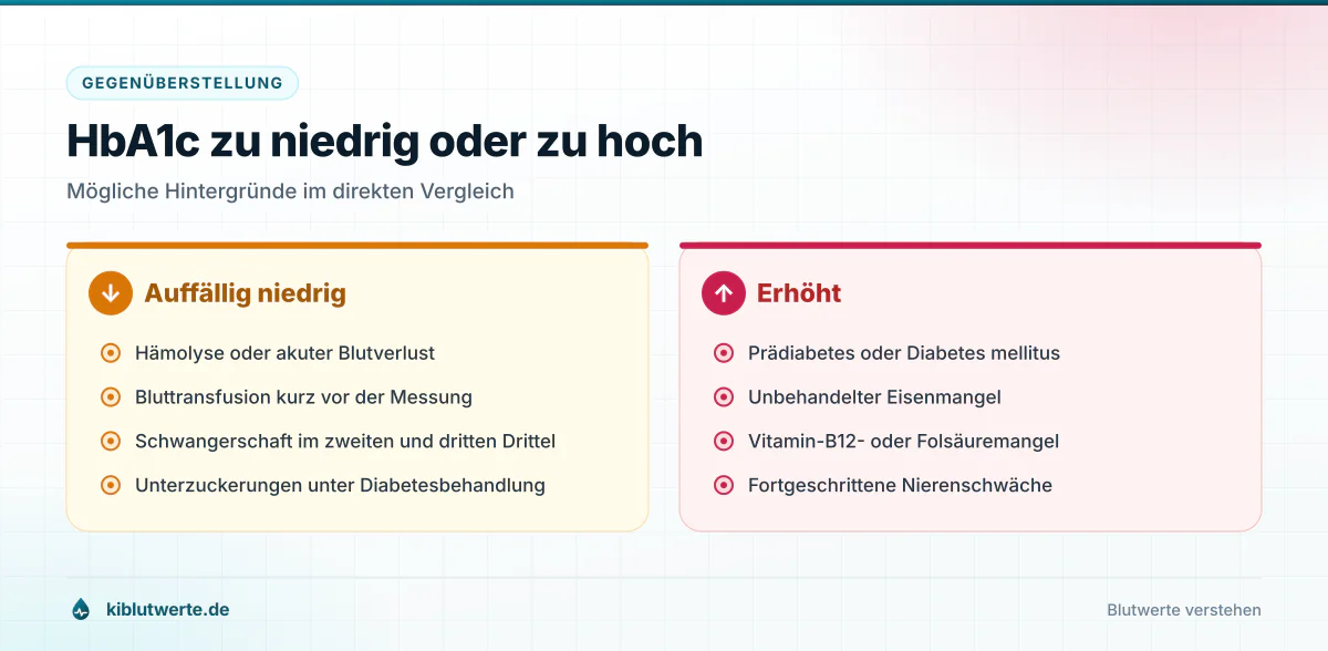 HbA1c zu niedrig oder zu hoch Gegenüberstellung möglicher Ursachen für einen zu niedrigen und einen zu hohen HbA1c Wert in zwei Spalten