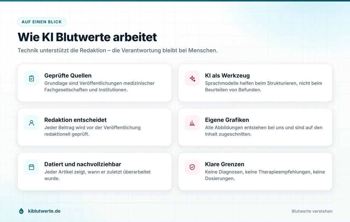 Wie KI Blutwerte arbeitet Übersichtskarte mit sechs Merkmalen der Arbeitsweise von KI Blutwerte wie geprüfte Quellen, verständliche Sprache und klare Grenzen