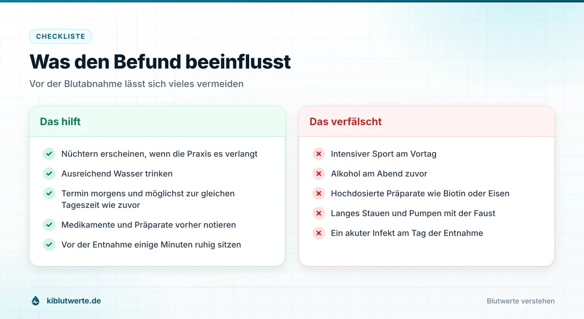 Was den Befund beeinflusst Checkliste zum Laborbefund lesen mit hilfreichen Vorbereitungen und Faktoren, die Blutwerte verfälschen können
