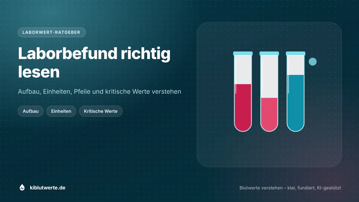Laborbefund richtig lesen Illustration zum Laborbefund lesen: Befundblatt mit Messwerten, Einheiten und Referenzbereichen sowie Pfeilen am Zeilenrand