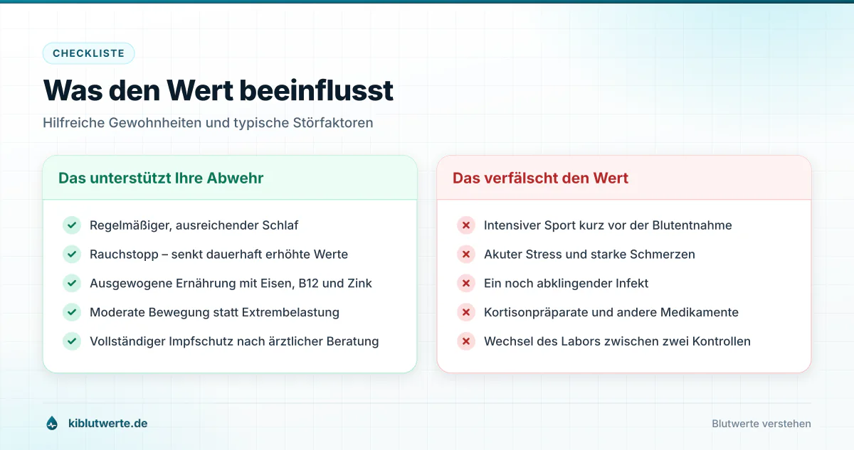 Was den Wert beeinflusst Zweispaltige Checkliste mit Faktoren, die die Leukozytenzahl stabil halten oder das Messergebnis verfälschen