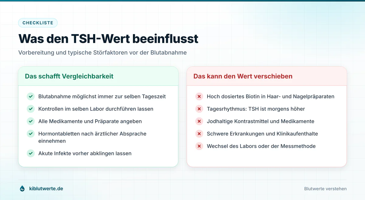 Was den TSH-Wert beeinflusst Checkliste mit Faktoren, die den TSH-Wert vergleichbar machen, und typischen Störgrößen wie Biotin, Jod und Tageszeit